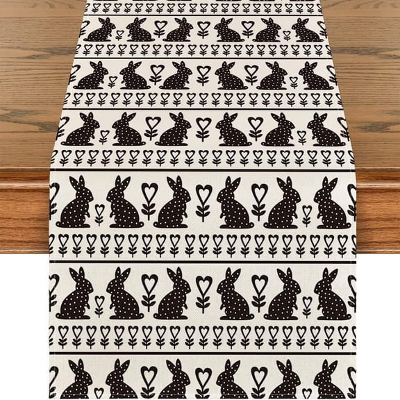 KOYPTL Easter Table Runner, Farmhouse Animal Vintage Rabbit Black White Plaid Check Tablecloth Burlap for Hotel Indoors Outdoor Dining Room Kitchen Home Decor,13x108 inch