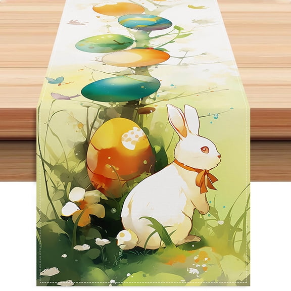 KOYPTL Easter Table Runner, Farmhouse Animal Vintage Rabbit Bunny Egg Tablecloth Burlap for Hotel Indoors Outdoor Dining Room Kitchen Home Decoration, 13x72 inch Long