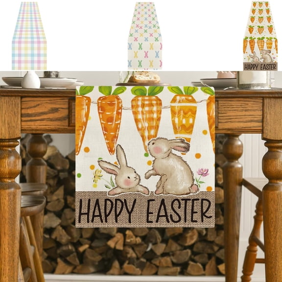 KOYPTL Easter Table Runner, Farmhouse Animal Vintage Rabbit Plaid Check Tablecloth Burlap for Hotel Indoors Outdoor Dining Room Kitchen Home Decoration, 13x70.8 inch Long