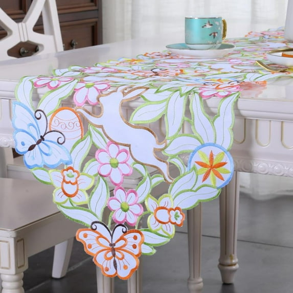 KOYPTL Easter Table Runner Spring Bunnys Flowery Table Runner Cutwork Embroidered Floral and Bunnys Dresser Scarf Table Topper Home Kitchen Dining Tabletop Decoration, 15x70 inch Long