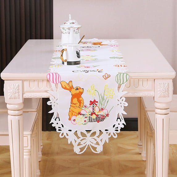 KOYPTL Easter Table Runner Spring Bunnys Flowery Table Runner Cutwork Embroidered Floral and Bunnys Dresser Scarf Table Topper Home Kitchen Dining Tabletop Decoration, 15x70 inch Long