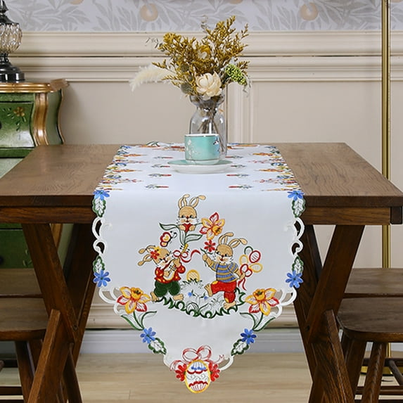 KOYPTL Easter Table Runner Spring Bunnys Flowery Table Runner Cutwork Embroidered Floral and Bunnys Dresser Scarf Table Topper Home Kitchen Dining Tabletop Decoration, 15x70 inch Long