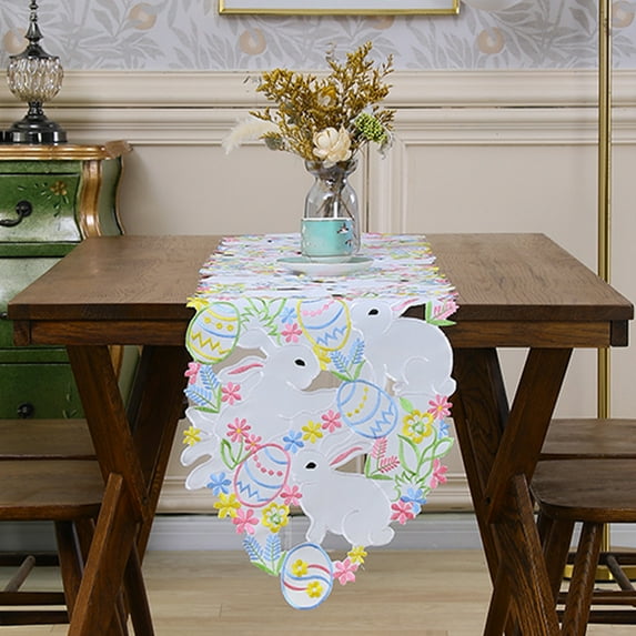 KOYPTL Easter Table Runner Spring Bunnys Flowery Table Runner Cutwork Embroidered Floral and Bunnys Dresser Scarf Table Topper Home Kitchen Dining Tabletop Decoration, 15x70 inch Long