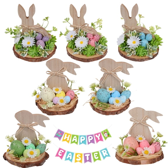 KOYPTL Easter Tabletop Wooden Bunny Rustic Decorations,Easter Centerpiece Tray Shelf Decor with Jute Rope Greenery Carrot Eggs Wooden Bunnies for DIY Craft Making Painting Farmhouse Spring Ornaments