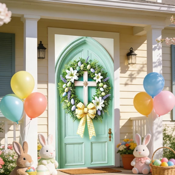 KOYPTL Easter Welcome Door Cover Curtain 71x35",Pastel Floral Bunny Eggs with Bow Cross Design,Spring Home Decoration Front Door Cover Banner for Indoor Outdoor Home Porch Entryway Wall Hanging Decor