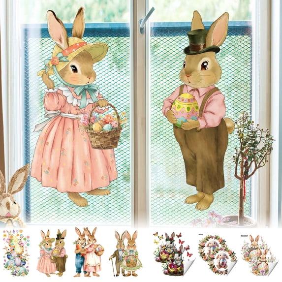 KOYPTL Easter Window Clings 11x23",Extra Large Spring 2 Bunnies Window Decorations Vintage Easter Window Stickers Farmhouse Rustic Rabbit Carrots Decor for Glass Home Holiday Easter Party Supplies