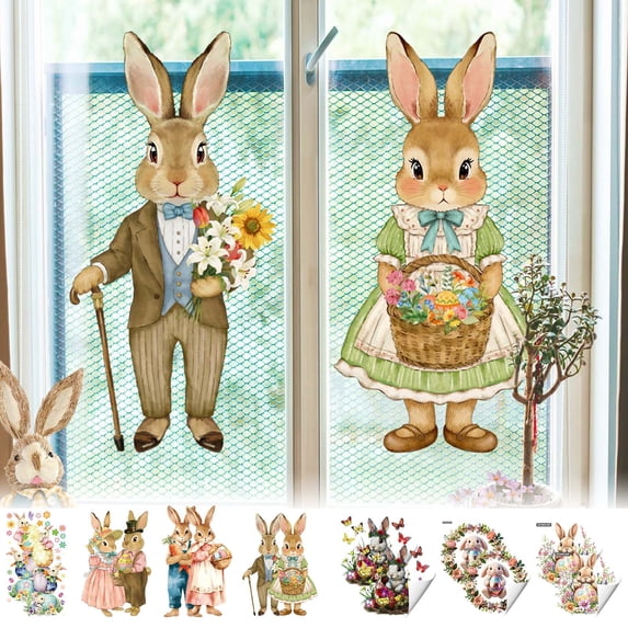 KOYPTL Easter Window Clings 11x23",Extra Large Spring 2 Bunnies Window Decorations Vintage Easter Window Stickers Farmhouse Rustic Rabbit Carrots Decor for Glass Home Holiday Easter Party Supplies