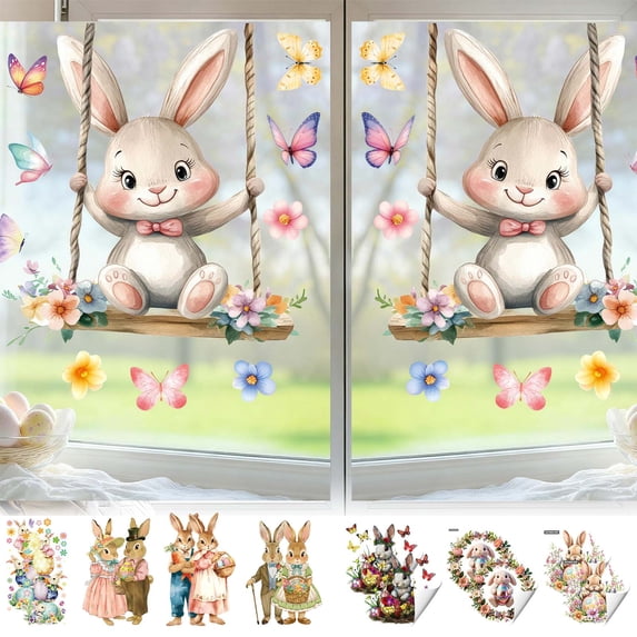 KOYPTL Easter Window Clings Decorations 2PCS,Happy Easter Bunny Rabbit Egg Window Stickers Double-Side Glass Decals for Home Office School Shop Glass Window Fridge Display Party Decoration 11.8x11.8"