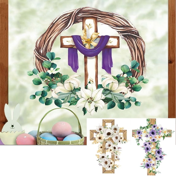 KOYPTL Easter Window Clings, Religious Cross Lily Flower Stickers Decals Decor, Spring Floral Wreath Pattern Stickers for Home Kitchen Window Decorations, Wall Refrigerator Stickers