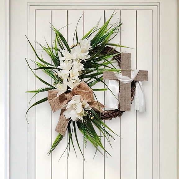 KOYPTL Easter Wreath with Cross Garland 16" Spring Door Wall Window Decor,Handmade Summer Rustic Wreath for Front Door,Religious Holiday Home Decoration for Christian Easter Lent Family Celebrations
