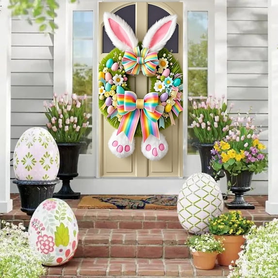 KOYPTL Easter Wreath Welcome Door Cover Curtain 71x35In,Pastel Floral Bunny with Eggs Design,Spring Home Decoration Front Door Cover Banner for Indoor Outdoor Home Porch Entryway Wall Hanging Decor