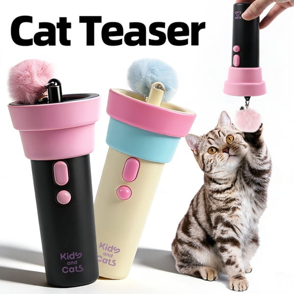KOYPTL Electric Cat Teaser with Pom-Pom & Telescopic Rope Launcher,Automatic Retraction Interactive Cat Toy for Indoor Cats,Boredom Relief Enrichment Toy for Adult Cats & Kittens,Gifts for Pet Black