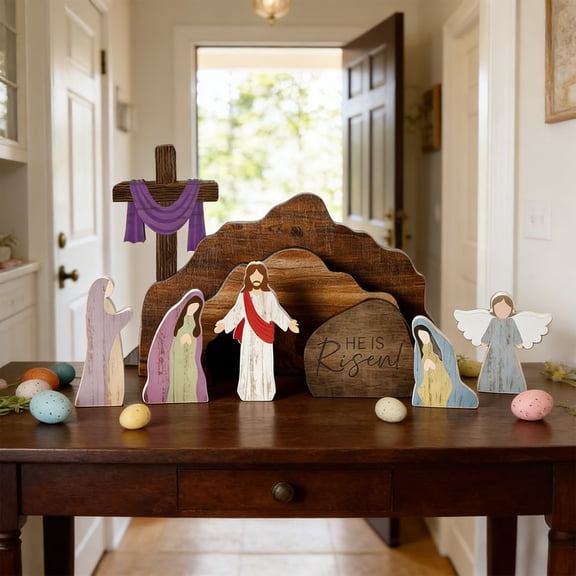 KOYPTL Empty Tomb Easter Scene and Cross Decoration 9pc,Wood Easter Resurrection Scene Cross Jesus Tomb for Tray,Jesus Nativity Scene Decor for Religious Home Office Table Shelf Decor Christian Gifts