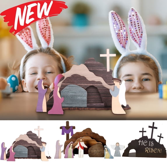 KOYPTL Empty Tomb Easter Scene and Cross Decoration Wooden Easter Resurrection Scene Cross Jesus Tomb Tray Set Jesus Nativity Scene Decor for Religious Home Office Tabletop Easter Gifts for Christian