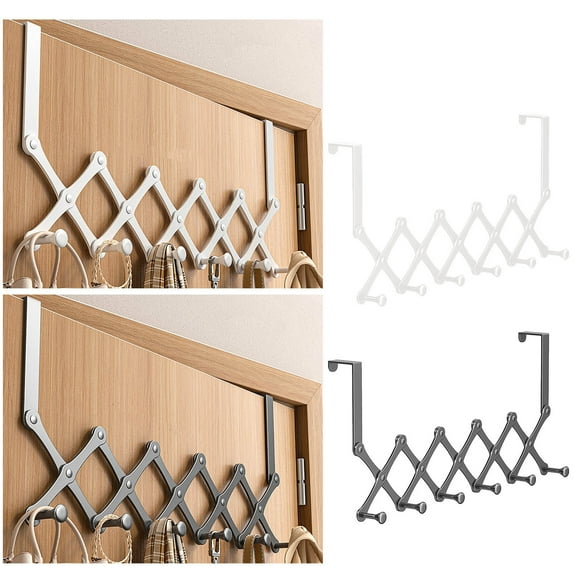 KOYPTL Expandable Coat Rack Wall Mount with 6 Pegs Home Iron Accordion Wall Rack Heavy Duty No Drill Over The Door Hanger for Bathroom Bedroom Kitchen Closet Home Storage Gray