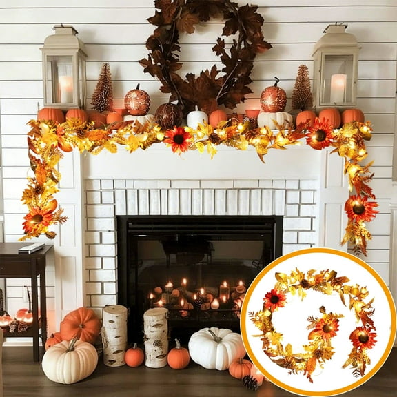KOYPTL Fall Maple Garland,Mantle decor,artificial Fall Garland with Lights,Fall Leaves,Sunflowers Berries and Pumpkin decor for Window Fireplace Wedding Harvest Indoor Outdoor Thanksgiving Decor