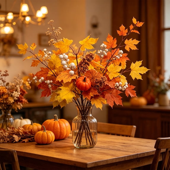 KOYPTL Fall Picks and Sprays with Velvet Pumpkins Pinecones Berries Maple Leaves Artificial Fall Floral Branches Stems for Vases Autumn Table Centerpieces Seasonal Home Decor