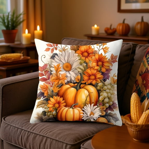 KOYPTL Fall Pillow Covers 18*18 Orange Pumpkin Leaf and Polka Dot Fall Decor Pillowcase Autumn Thanksgiving Decorative Outdoor Throw Pillow Covers Linen Farmhouse Cushion Case for Sofa Home