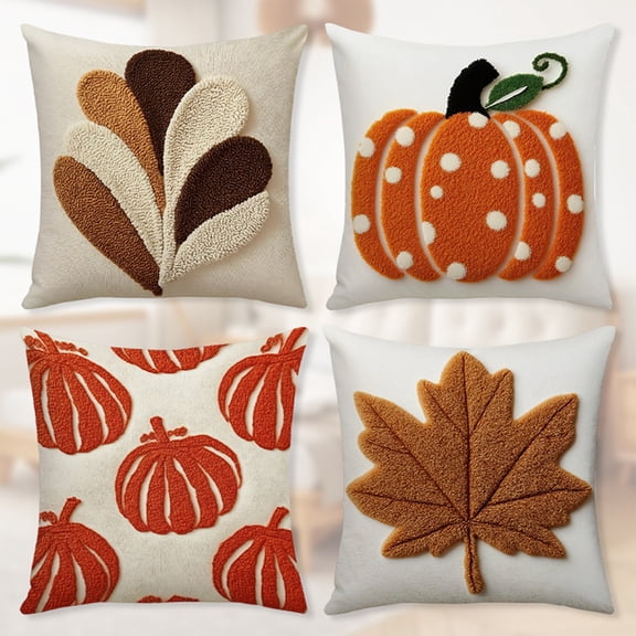 KOYPTL Fall Pillow Covers 18*18 Orange Pumpkin Leaf and Polka Dot Fall Decor Pillowcase Autumn Thanksgiving Decorative Outdoor Throw Pillow Covers Linen Farmhouse Cushion Case for Sofa Home