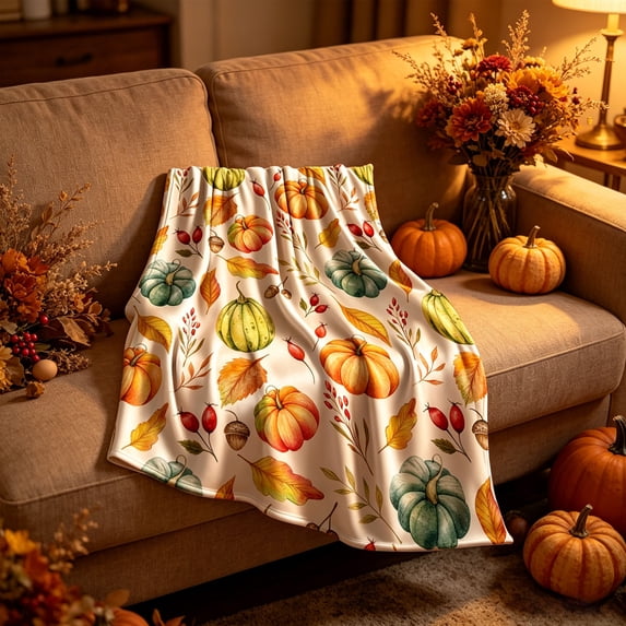 KOYPTL Fall Pumpkin Throw Blanket,Watercolor Autumn Design with Orange and White Pumpkins, Warm Soft Cozy Flannel Bed Blankets, Modern Farmhouse Decor for Bed Couch Sofa and Chair