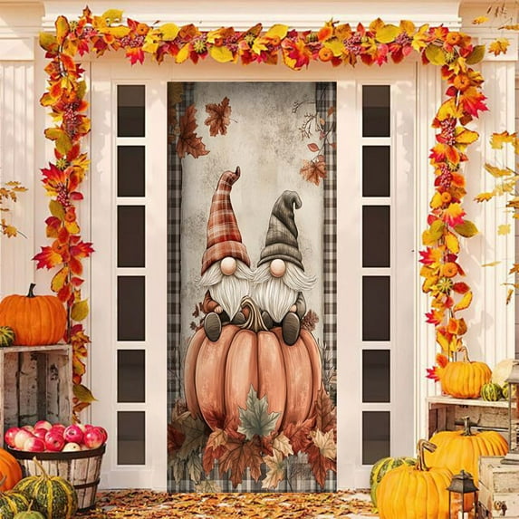 KOYPTL Fall Thanksgiving Door Cover Decorations,Autumn Maple Leaves Photo Backdrop Welcome Fall Door Banner and Pumpkin for front door Farmhouse Autumn Harvest Festival Decorations and Supplies 35*78