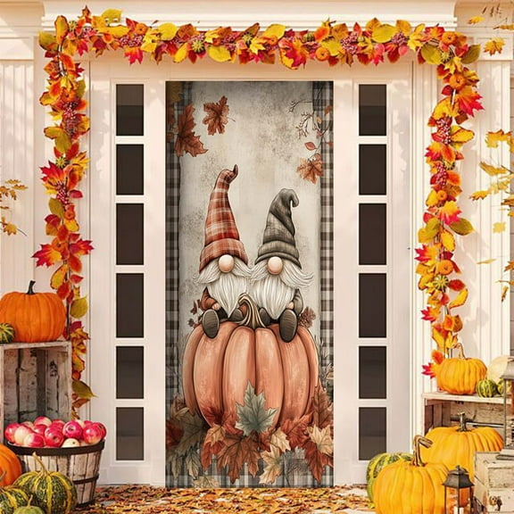 KOYPTL Fall Thanksgiving Door Cover Decorations,Autumn Maple Leaves Photo Backdrop Welcome Fall Door Banner and Pumpkin for front door Farmhouse Autumn Harvest Festival Decorations and Supplies 35*78