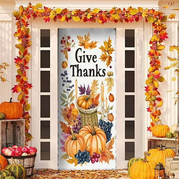 KOYPTL Fall Thanksgiving Door Cover Decorations,Autumn Maple Leaves Photo Backdrop Welcome Fall Door Banner And Pumpkin for front door Farmhouse Autumn Harvest Festival Decorations and Supplies 35*78