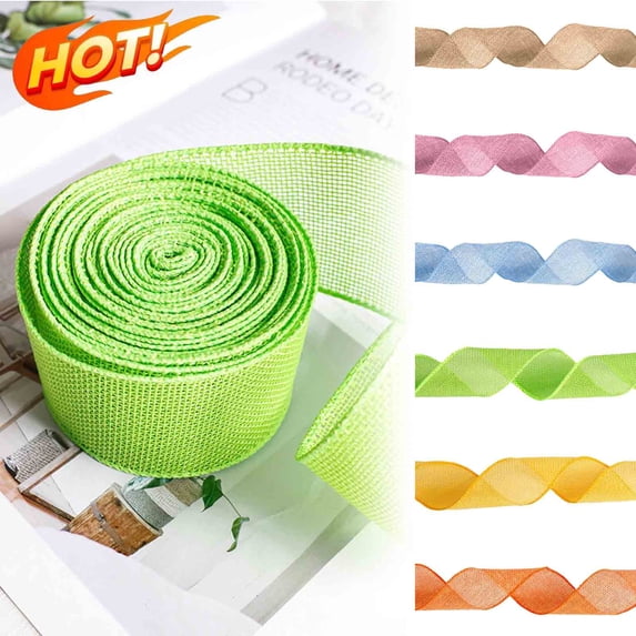 KOYPTL Flax Easter Ribbons for Wreath 16 Yards,Easter Solid Textured Burlap Edge Wrapped Ribbon Bows for Easter Spring Holiday Gift Wrapping Home Party Decorations DIY Bows Tree Crafts Supplies Green