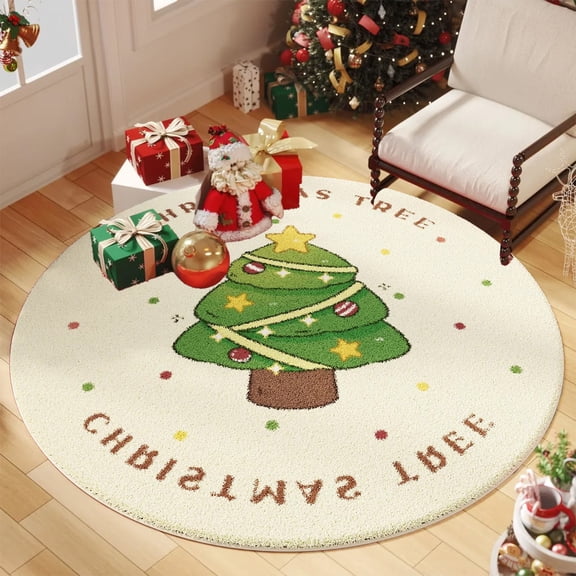 KOYPTL Fluff Christmas Tree Area Rug,Machine Washable Decorative Round Indoor Throw Nonslip Carpet,Winter Xmas Tree Collection Area Runner Rug for Kids Holiday Decorations Living Room Bedroom Nursery