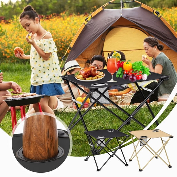KOYPTL Folding Camping Table Portable Pinic Table with 2 Cup Holders & Carry Bags Rollup Camping Table Lightweight Beach Table for BBQ Camping Picnic and Indoor Use Black
