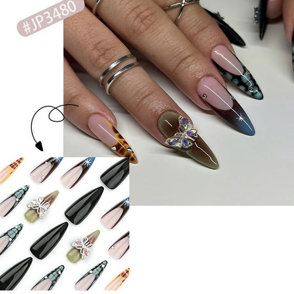 French Glossy Press on Nails Set for Women Girls,Dark Long Almond Tips Fake Nails Acrylic Shine Stereo Butterfly Nails Full Cover for Office Daily Wedding,Gift for Valentine's Holiday 24pcs