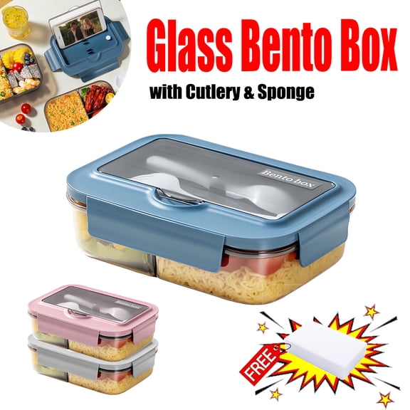 KOYPTL Glass Bento Box for Women Men 1000ML,Reusable Lunch Box with 2 Compartments Reusable Snack Container for Adults,Lunchable Food Container with Utensils,Microwave & Dishwasher Safe
