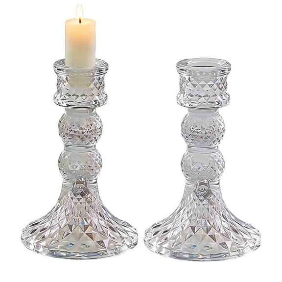 KOYPTL Glass Candlestick Holder Set of 2,Clear Crystal Striped Taper Candle Holders,Stand for Table Centerpieces,Home Bedroom Decor,Wedding Christmas Valentine Easter Parties Festival Gifts Supplies