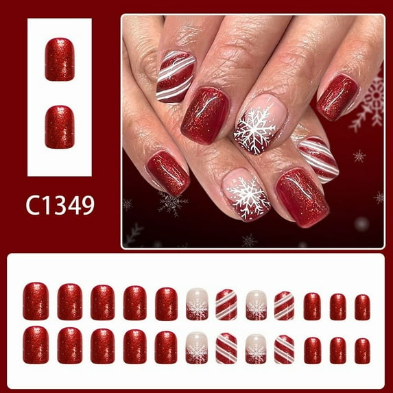 Glitter Snowflakes Press on Nails,Short/Medium Square Fake Nails Red Acrylic Glossy Glue on Nails,Reusable Winter Christmas False Nails for Women Girls Holiday Daily Appointment Wear 24pcs