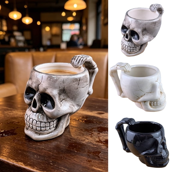 KOYPTL Glossy 3D Skull Glass Coffee Mug with Skeleton Bone Handle,Gothic Spooky Novelty Drink Cup,Halloween Gift Decor for Coffee Tea Hot Cocoa Daily Use Black