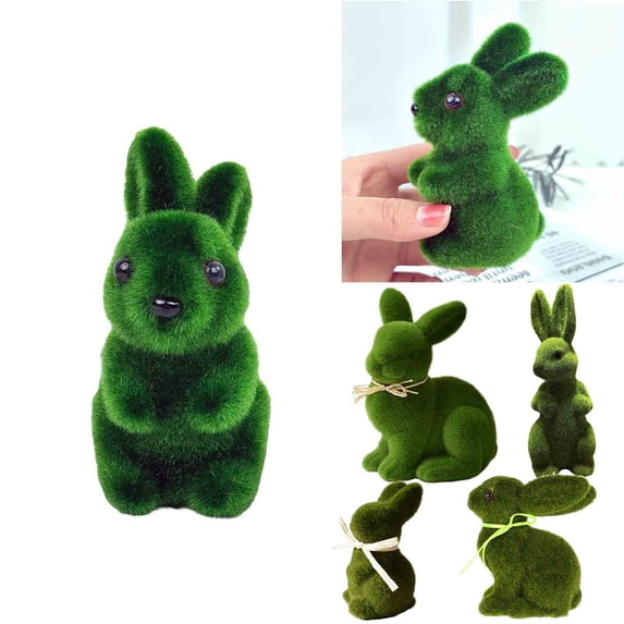 KOYPTL Green Flocked Easter Bunny Figurines 4.3In,Small Moss Rabbit Tabletop Ornament,Artificial Green Grass Rabbit Figurine for Spring Home Office Table Easter Decor Party Favor Gifts Supplies
