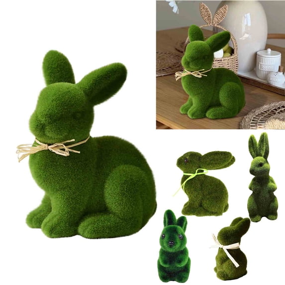 KOYPTL Green Flocked Easter Bunny Figurines with Bow Tie,17.8" Moss Rabbit Tabletop Ornament,Artificial Green Grass Rabbit Figurine for Spring Home Office Table Easter Decor Party Favor Gift Supplies
