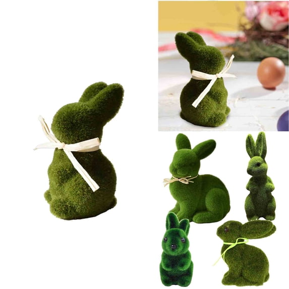 KOYPTL Green Flocked Easter Bunny Figurines with Bow Tie,Small Foam Moss Rabbit Tabletop Ornament,Artificial Green Grass Rabbit Figurine for Spring Home Office Easter Decor Party Favor Gifts Supplies
