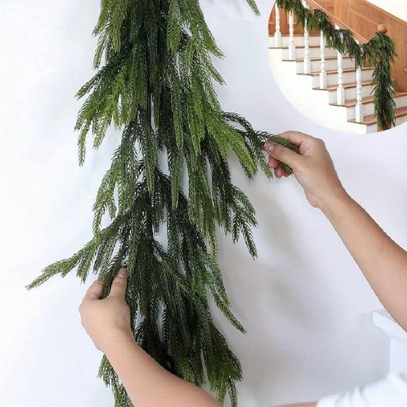 KOYPTL Green Wreath Hanging Decoration 59In,Soft Touch Norfolk Needle Wreath for Front Door Christmas Tree Fireplace Easter,Simulation Pre-lit Wreath for Fireplace Table Centerpieces Holiday Wedding