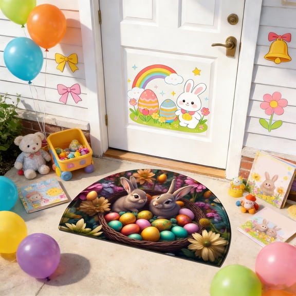KOYPTL Half Round Easter Door Mat, Rabbit Spring Flower Semicircle Doormat, Non Slip Area Rug, Soft for Front Door, Indoor Entrance, Welcome Mat for Bedroom Home Decorations, 16x24 inch