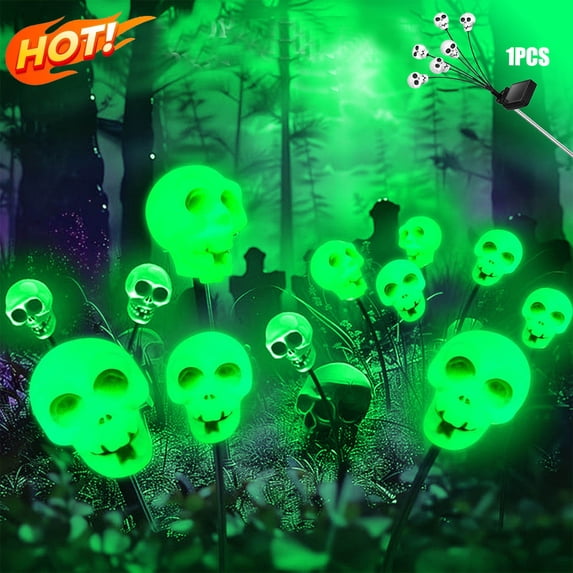 KOYPTL Halloween Decorations Outdoor Solar Skeleton Stake Lights Waterproof Lights (6 Heads) Green Skeleton Swaying Firefly Light,Halloween Path Lights for Garden Yard Patio Party Decor 28.74" H