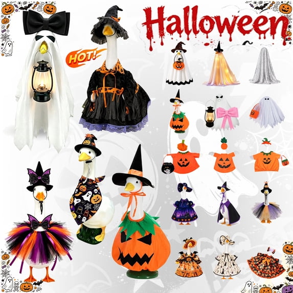 KOYPTL Halloween Goose Clothes with Witch Hat for Porch 23" Cement/Plastic Goose Costumes,Halloween Gothic Goose Clothes with Tie/Hat/Bow Accessories for Party Outdoor Patio Yard Lawn Decoration