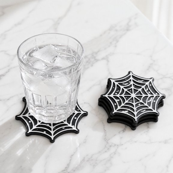 KOYPTL Halloween Home Decor 4 Pack Gothic Hollow Spider Web Cup Mat Spooky Tabletop Protection Coasters Rustic Web Pattern Coasters for Drinks Indoor Holiday Table Decorations Black