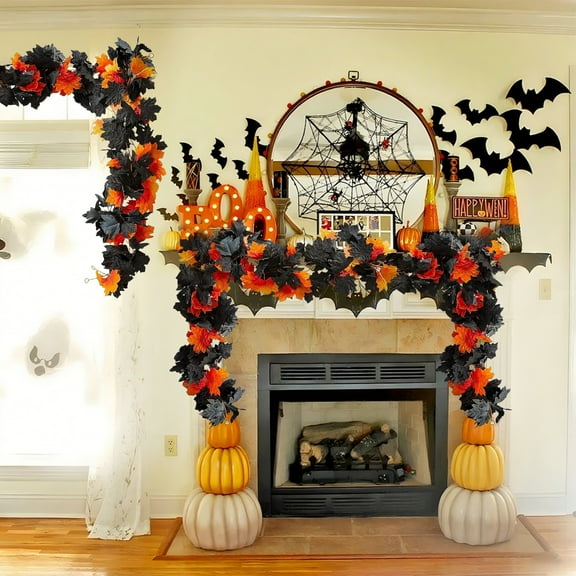 KOYPTL Halloween Premium Artificial Fall Maple Garland Leaf Vines with Black and Red Autumn Decor for Home Fireplace Party, Door Hanging, Table Centerpiece, Fireplace Mantel for Thanksgiving