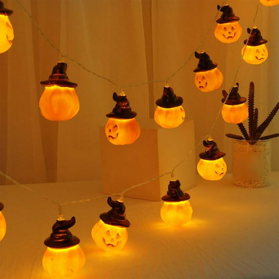 KOYPTL Halloween Pumpkin String Lights with Witch Hat, Battery Operated 3D Waterproof Orange Flickering Lights for Indoor Outdoor Decor Party Decorations (16.4FT 20 LED)
