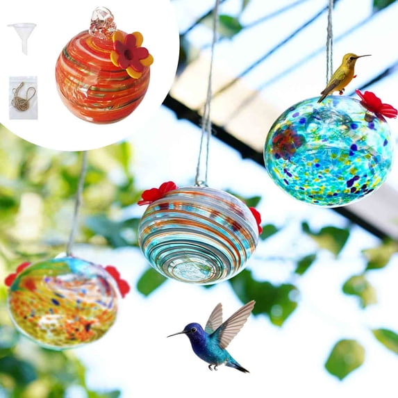 KOYPTL Hand Blown Glass Hummingbird Feeders for Outdoor Hanging Ornaments with Two Flower Feeding Ports,Small Bird Feeders Leak-Proof for Garden Patio Backyard Window Outside Decor Gifts for Women