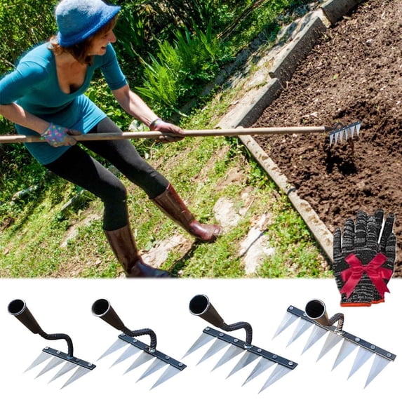 KOYPTL Heavy Duty Iron Garden Weeding Rake with 4/5/6/7/8 Metal Teeth,Sturdy Weed Rake for Gardening Dethatching,Ironrake for Backyard Lawn Loosening Planting Weeding Tools Supplies (5 Tooth)