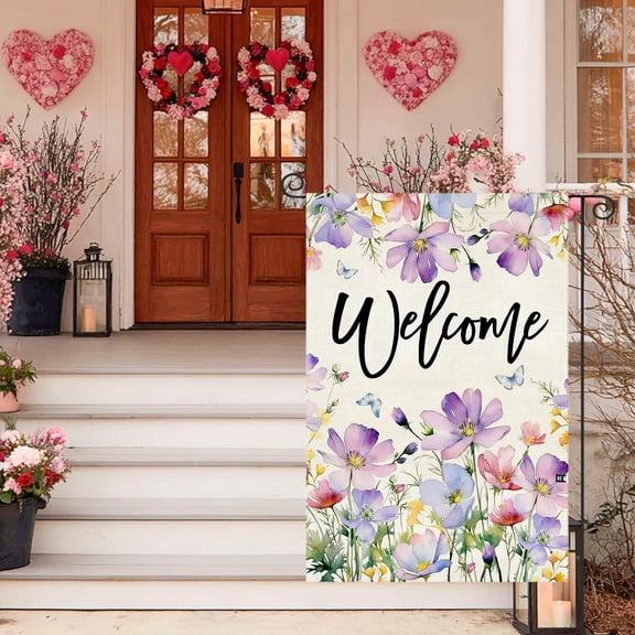 KOYPTL Hello Spring Garden Flag 12x18 Inch Double Sided Seasonal Flowers Tree Farmhouse Holiday Yard Outdoor Decorative Flag for Outdoor Outside Party Decoration