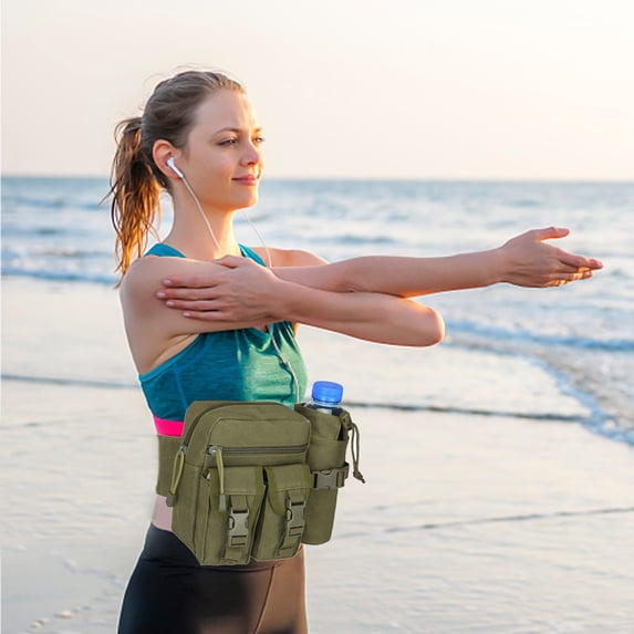 KOYPTL Hiking Waist Bag with Detachable Water Bottle Holder and Adjustable Waist Belt Oxford Fanny Pack for Men Women Causal Belt Bag for Travel Outdoor Fishing Running Army Green