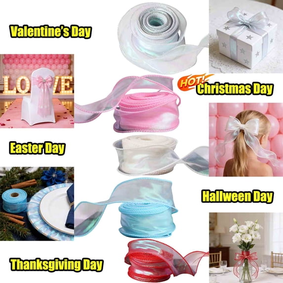 KOYPTL Iridescent Organza Ribbon 30ft,Sheer Wired Shimmer Chiffon Ribbons Sparkly Fishtail Yarn Ribbons for Gift Wrapping Floral Bouquet Wedding Cake Costume DIY Bows Easter Christmas Decoration Blue